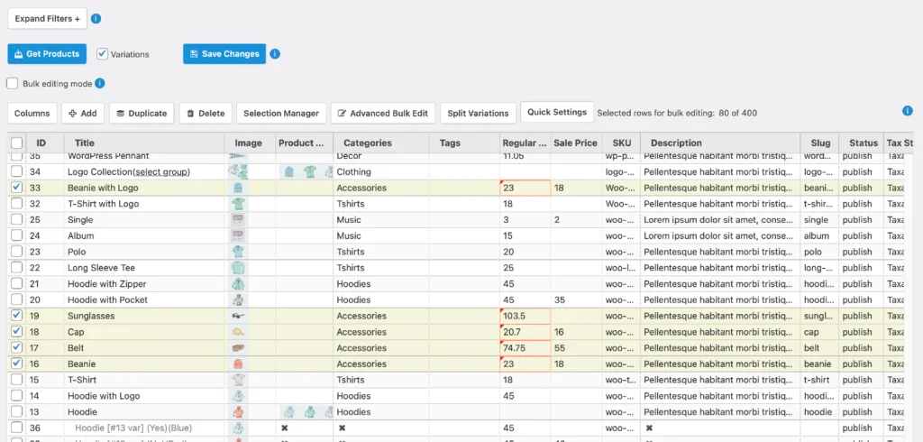 WooCommerce Advanced Bulk Edit 编辑演示